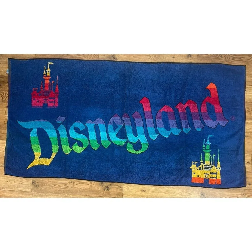 Vintage Walt Disney Productions Disneyland Beach Towel Cotton Rainbow 29x58